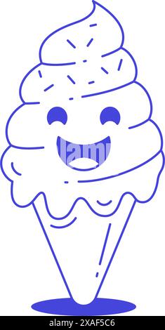Lustige Eiskegel Zeichentrickfigur Hand gezeichnete Skizze Retro 30s Animation Stil Linie Kunst Icon Vektor Illustration. Lächelnder Sommer, schmelzende Creamy de Stock Vektor