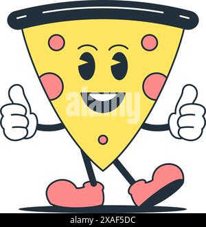 Fröhliche Pizza Dreieck Stück Cartoon Charakter zeigt coole Comic Retro 30s Animation Stil Icon Vektor flache Illustration. Süßes Fast Food, köstliche Gerichte Stock Vektor