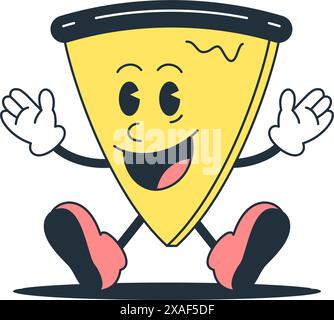 Nettes Käse Pizza Dreieck Stück lustige Zeichentrickfigur Comic Maskottchen Retro 30er Jahre Animation Stil Icon Vektor flache Illustration. Lächeln Sie Fast Food Greetin Stock Vektor