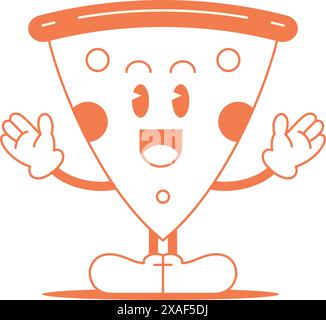 Lustige Pizza Dreieck Stück Gruß überraschte Comic Charakter Retro 30s Animation Stil Linie Kunst Icon Vektor Illustration. Niedliches positives Fast Food MAS Stock Vektor