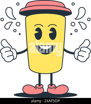 Lächeln Kaffee Papier Tasse nette Zeichentrickfigur Comic Maskottchen Retro 30s Animation Stil Icon Vektor flache Illustration. Fröhlich heiße Morgenkoffeinbeve Stock Vektor