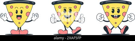 Fröhliches Lächeln Pizza Dreieck Stück Cartoon Charakter Set Retro 30s Animation Stil Icon Vektor flache Illustration. Lustiges Fast Food, süße Emoticon-Begrüßung Stock Vektor