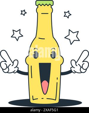 Fröhliche Party Glasflasche trinken lustige Zeichentrickfigur tanzt mit Sternen Retro 30s Animationsstil Icon Vektor flache Illustration. Niedliches Lächeln kalt Stock Vektor