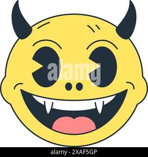 Nettes Lächeln Baby Teufel gelber Kopf fröhlich gruselige Monster Cartoon Charakter Retro 30er Jahre Animation Stil Icon Vektor flache Illustration. Lustige Dämonenposition Stock Vektor