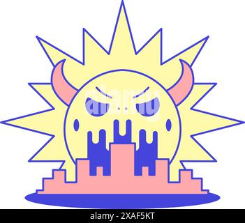 Teufelssonne wütender Sonnenuntergang Sonnenaufgang Stadt Megapolis Zeichentrickfigur Retro 30er Jahre Animationsstil Icon Vektor flache Illustration. Aggressive gruselige Horrorbrigade Stock Vektor