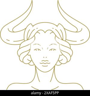 Frau gehörnte Mythologie Göttin elegante Schönheit Porträt Linie Art Deco Vintage Logo Vektor Illustration. Weibliche mystische esoterische Magie Fantasy Fantasy Face Fee Stock Vektor