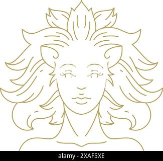 Löwe weibliche Göttin Mythologie Charakter mit Mähne Porträt Linie Art Deco Vintage Logo Vektor Illustration. Leo-Frau steht mit dem antiken mythischen Charakter fac Stock Vektor
