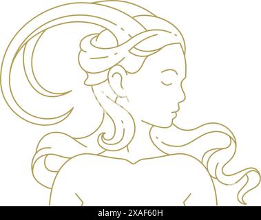 Romantische gehörnte Frau antike Göttin Weben Haar Porträt Linie Art Deco Vintage Logo Vektor Illustration. Elegante esoterische Mode Schönheit weiblicher Mythos Stock Vektor