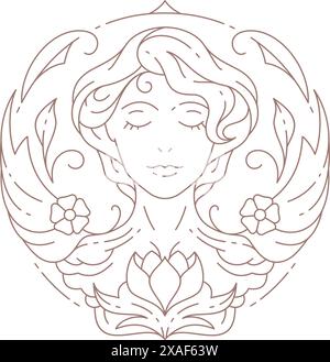 Magie schöne Frau Porträt mit Lotusblüte Verzierung minimaler Linie Logo Vektor Illustration. Heiliger mystischer Traum weibliches Gesicht natürliche Schönheit Stock Vektor
