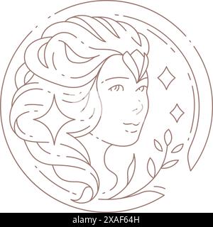 Magie Fantasy Frau schöne Göttin Porträt im floralen Kreis Rahmen minimaler Linie Logo Vektor Illustration. Mystischer weiblicher Kopf mit hellem Kristallel Stock Vektor