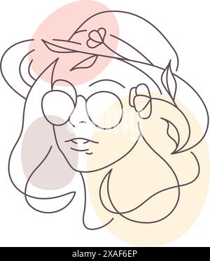 Sommer Mode Frau Porträt mit pastellfarbenen Flecken Linie Kunst kontinuierliches Stil Logo für Schönheit Vektor Illustration. Weiblicher Kopf mit Sonnenbrille Hut mit Stock Vektor