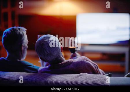 Rückansicht eines Seniorenpaares, das zusammen auf der Couch sitzt und im Kopierraum zuhause einen Film ansieht Stockfoto