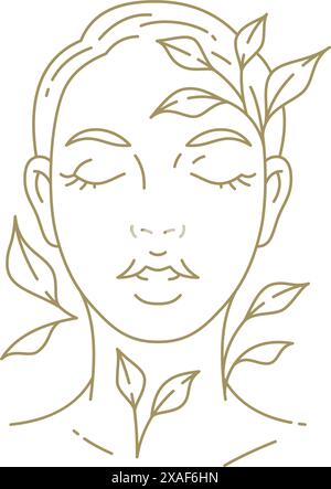 Schöne junge Frau Portrait Blumenzweig Blätter Linie Kunst Stil monochrome Logo Vektor Illustration. Romantisches weibliches Gesicht mit Blumenblatt botanica Stock Vektor