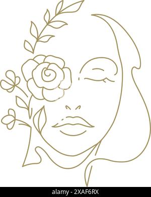 Attraktives sanftes Frauenporträt mit Rosenblumenzweig Blätter durchgängiges Linien-Kunst-Logo für Schönheit Vektor-Illustration. Schönes elegantes weibliches Gesicht Stock Vektor