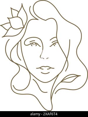 Schönheit weibliches Porträt mit Lotusblume im Haar minimale kontinuierliche Linie Art Logo Vektor Illustration. Romantische sanfte Frau Gesicht florale botanische Blo Stock Vektor
