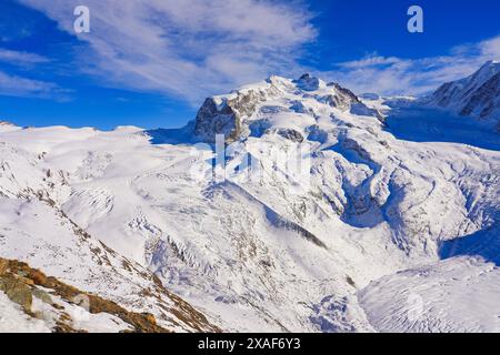 Panoramablick auf den Grenzgletscher mit vielen Gipfeln des Monte Rosa, vom Gornergrat im SWI aus gesehen Stockfoto