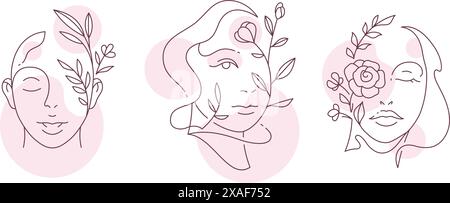 Abstrakte Frau Portrait Blume Haar rosa Pastellpunkt kontinuierliche Linie Kunst Logo Set Vektor Illustration. Romantisches weibliches Gesicht florale Frisur Minimal i Stock Vektor