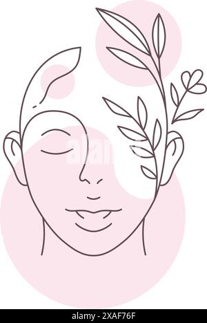 Weiblicher Kopf mit Blumen Blätter Zweig durchgehende Linie Kunst Schönheit Logo für Hautpflege Vektor Illustration. Frauenblüte Blumenporträt lila Pastell c Stock Vektor