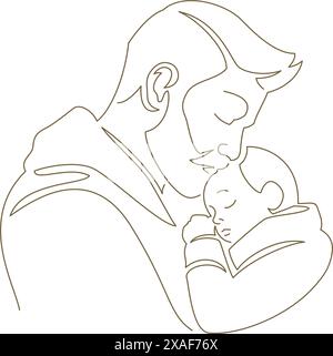 Glücklicher Vater umarmt kleinen Sohn Familie Elternschaft mit Liebe kontinuierliche Linie Kunst Stil Logo Vektor Illustration. Daddy, der das Kind mit dem Zender umschmeichelt Stock Vektor