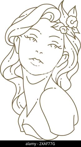 Sanfte Frau mit Blume in der Haarbüste Skulptur minimales Linie Art Logo für Schönheitspflege Vektor Illustration. Romantische weibliche Statue mit floraler botanica Stock Vektor