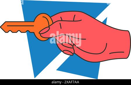 Frau Hand hält goldene Schlüssel Zugangstür offen Konzept der Lösungsidee Symbol Vektor flache Illustration. Entriegelung des menschlichen Arms für Sicherheitslösung Entriegelung ent Stock Vektor