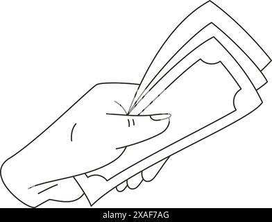 Frau Arm hält Pack Bargeld Währung Konzept des Reichtums minimale Linie Art Icon Vektor Illustration. Menschliche Hand mit Banknotenwechsel Stock Vektor