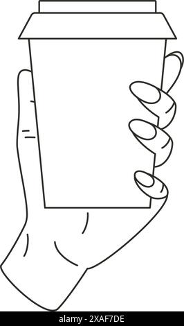 Frau Hand hält Kaffeepapierbecher Nehmen Sie heißes Getränk Pack minimale Linie Kunst Icon Vektor Illustration. Menschlicher Arm mit To Go Drink Paket Containe Stock Vektor