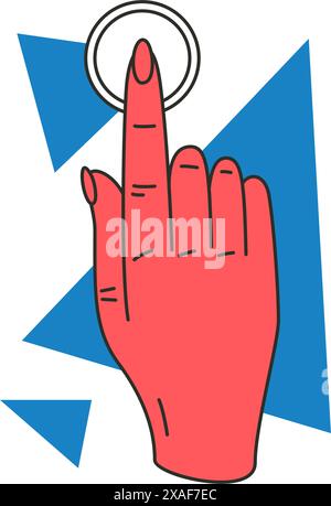 Frau Hand Finger drücken Kreis Taste Zeigen Auswahl Klicken Konzept Schnittstelle Navigieren Symbol Vektor flache Illustration. Menschlicher Arm, der die Verbindung berührt, drücken Sie IND Stock Vektor