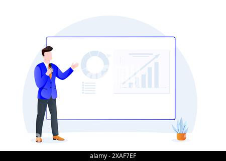 Männlicher Lautsprecher spricht stehend am Präsentationsbildschirm. Vektor-Illustration einer Geschäftsperson bei einer Konferenzsitzung. Training, Coaching, Bildungswesen Stock Vektor