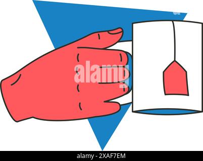 Menschliche Hand hält Becher mit Teebeutel Konzept der entspannenden Pause auf Dreieck Hintergrund Symbol Vektor flache Illustration. Cartoon-Arm-Finger-Gesten-Becher Stock Vektor