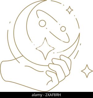 Minimalistische menschliche Hand hält Halbmondstern esoterische Galaxie Planetenlinie Kunst Icon Illustration. Monochromer Arm magischer Raum spirituelles Wohlbefinden b Stock Vektor