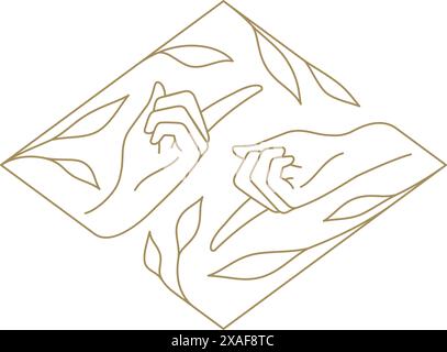 Menschliche Hand Zeigefinger natürliche Äste botanische Blätter quadratische Rahmenlinie Icon Vektor Illustration. Handflächen Zeigefinger elegante organische Haut Stock Vektor