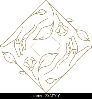 Romantische Frühlingsblüte quadratische Grenze verziert durch natürliche Zweige mit menschlichen Händen Linie Icon Vektor Illustration. Eleganter Blumenrahmen Hochzeit Art. dez Stock Vektor