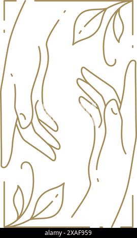 Romantische Frühlingsblüte quadratische Grenze verziert durch natürliche Zweige mit menschlichen Händen Linie Icon Vektor Illustration. Eleganter Blumenrahmen Hochzeit Art. dez Stock Vektor