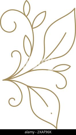 Elegante gekrümmte natürliche Stamm botanische Wachstum Ökologie Blätter dekorative Design Linie Kunst Icon Vektor Illustration. Einfarbig, goldfarben, lineare Feder, glänzend Stock Vektor