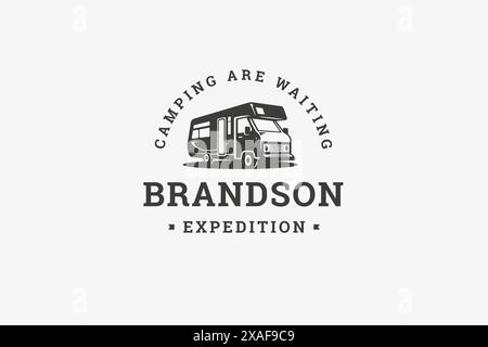 Camping Reise Bus Reise Reise Expedition Sommer Urlaub Van minimales Logo Design Vorlage isometrische Vektor Illustration. Wohnmobil-Truck-Freizeit-Tram Stock Vektor