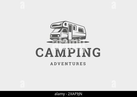 Camping Van Expedition Wanderlust Sommer Road Trip Reise Abenteuer Retro Logo Design Vorlage isometrische Vektor Illustration. Wohnmobil Auto Bus Familie t Stock Vektor