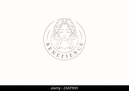 Romantische griechische antike elegante Frau Porträt Linie Kunst Schönheit Logo Design Vorlage Vektor Illustration. Sanfter weiblicher Kopf gebogenes Haar Bohemian A Stock Vektor