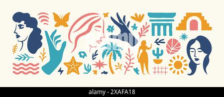 Set aus trendigen minimalen Kritzelformen und abstrakten Naturvektorsymbolen. Große Sommerkollektion, inklusive Modelemente im Freihand-Matisse-Cartoon-Stil Stock Vektor