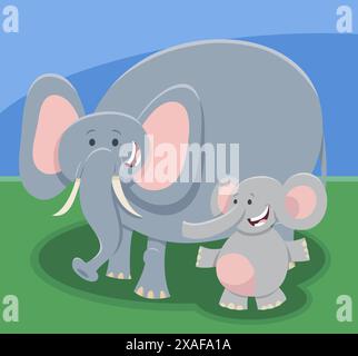 Karikaturillustration einer lustigen Elefantenmutter Tierfigur mit Elefantenbaby Stock Vektor