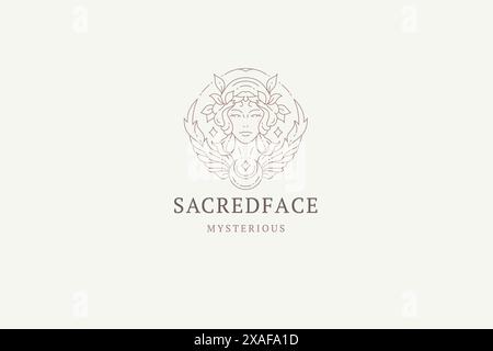 Mythologie schöne Fantasy Frau Porträt mit Flügeln Halbmondlinie Kunst Logo Design Vorlage Vektor Illustration. Heilige mythische weibliche Kopf Silhouette Stock Vektor