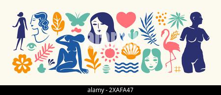 Set aus trendigen, zeitgenössischen Kritzeleien und abstrakten Retro-Vektorsymbolen. Große Sammlung, zufällige organische Formen im Freihand-Matisse-Kunststil. Enthält Stock Vektor