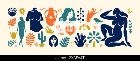 Set aus trendigen minimalen Kritzelformen und abstrakten Naturvektorsymbolen. Große Sommerkollektion, inklusive Modelemente im Freihand-Matisse-Cartoon-Stil Stock Vektor