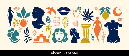 Set aus trendigen minimalen Kritzelformen und abstrakten Naturvektorsymbolen. Große Sommerkollektion, inklusive Modelemente im Freihand-Matisse-Cartoon-Stil Stock Vektor