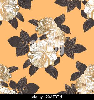 Nahtloses Luxus Half Drop Muster mit weißen und goldenen Rosen und dunkelgrauen Blättern auf Peach Beige Hintergrund. Ideal für Textilien, Oberflächen, Tapeten, Geschenkpapiere, Stoffe, Drucke, Verpackungsdesign. Stock Vektor