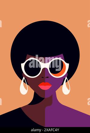 Afrikanische schwarze Frau Pop Art Porträt leuchtende Farbe Poster Minimal T Shirt Druck Vektor flache Illustration. Afro-Mode-Frau in Sonnenbrille und Ohrrin Stock Vektor