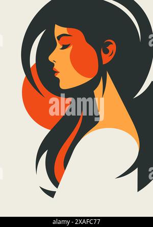 Brünette Frau winkt Haar abstrakte Herbst Terrakotta Farbe Punkt minimales Kunstwerk Poster Vektor flache Illustration. Mode weibliches Porträt zeitgenössisch Stock Vektor