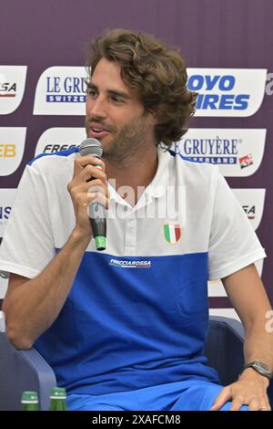 6. Juni 2024, Sala d’Onore Coni, Roma, Italien; offizielle Pressekonferenz der Leichtathletik-Europameisterschaften der Roma 2024; Gianmarco Tamberi (ITA), Goldmedaillengewinner der Olympischen und europäischen Hochsprung-Männer Stockfoto