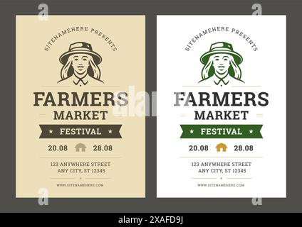 Bauern Markt Bio Ökologie Lebensmittel Festival Lebensmittel Ernte Ereignis Vintage Poster Set Vektor flache Illustration. Bauernhoffrüchte Gemüse gesundes Produkt Stock Vektor