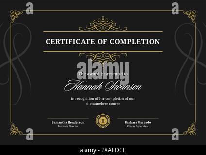 Abschlusszeugnis Abschlussabschluss Schwarze Diplom-Abschluss-Qualifikation klassisch blüht Kalligraphie-Vorlage Vektor flache Illustration auf. Bildung ac Stock Vektor